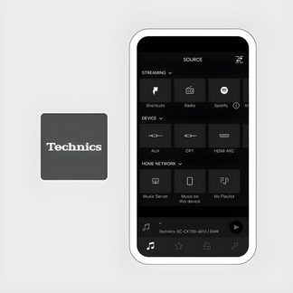 Pantalla de smartphone mostrando una interfaz de audio con opciones de streaming, dispositivos y red doméstica, logotipo de Technics a la izquierda