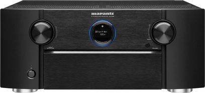 Marantz SR7009 sort hjemmebiografsforstærker, set forfra, sort front med knapper og centralt blåt display, der viser "Blu-ray"