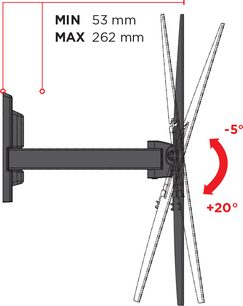 Čierna naklápacia a otočná nástenná TV konzola, kĺbové ramená, minimálne rozmery 53 mm, maximálne 262 mm, naklonenie -5° až +20°