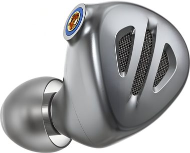 FiiO FH9 in-ear høretelefon i grå titanium, glat titaniumhus med tre gitteråbninger og MMCX-stik med blå ring, close-up i trekvart vinkel