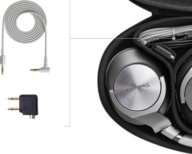 Навушники Technics EAH-A800 сріблястого кольору відкритого типу, вид з правого боку та аксесуари: роз'єм 3,5 мм і адаптер 6,35 мм