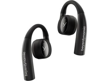 Sluchátka Beyerdynamic VERIO 200, černá, pohled zepředu, 2 náušníky, zakřivený tvar, viditelné logo, bílé pozadí