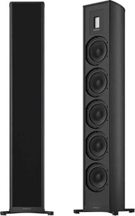 Cassa wireless connessa Piega Premium 701 Wireless Gen2 nera, vista frontale e laterale, 4 altoparlanti circolari