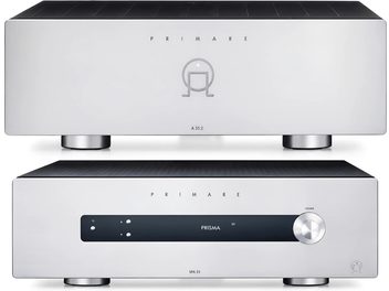 Audio zosilňovač Primare SPA25 strieborný s čistým čelným panelom, centrálnym čiernym displejom a širokým ovládačom hlasitosti