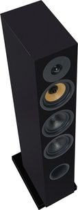 Gulvhøjttaler Davis Acoustics Courbet nr. 5 mat sort, set i en let nedadgående vinkel, front med 4 højttalere og 1 cirkulær basrefleksport