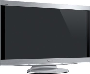 Panasonic TX-P46Z11 fladskærms-TV med høj opløsning set forfra på metalstativ på lys grå baggrund