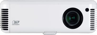 Optoma EW674 hvid videoprojektor, set forfra, centreret linse, sidehullede ventilationsgitre, kontrolknapper på toppen