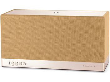 Coluna conectada Triangle AIO 3 camel, tecido em malha e base em metal escovado, botões na frente, vista em três quartos