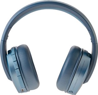 Bezdrôtové slúchadlá Focal Listen Chic Wireless s obklopujúcou konštrukciou, modré, s modrým kovovým oblúkom a náušníkmi, čierne kožené náušníky