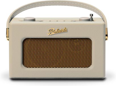 Radio til bordet Roberts Revival Uno BT i cremefarve, med strukturert kunstlæderbeklædning, forgyldt metalfrontgitter, gyldent logo, buet øvre håndtag og synlige runde knapper, set forfra