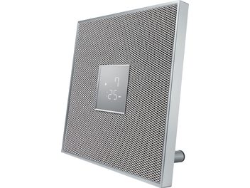 Yamaha ISX-80 baltas stačiakampis prijungiamas garsiakalbis su šešiakampių grotelių dizainu ir LCD ekranu, rodančiu laiką