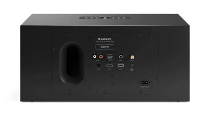 Fekete Audio Pro C20 W vezeték nélküli hangszóró hátulnézetben, basszreflexnyílással és audiocsatlakozókkal