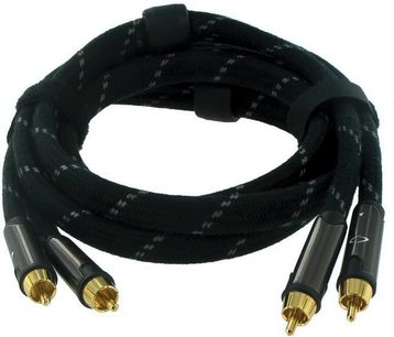 Sortbundet RCA-lydkabel med 4 forgyldte RCA-stik i enderne, der danner en løkke på hvid baggrund
