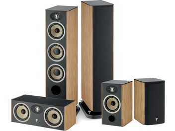 Pack d'enceintes colonnes Focal Aria Evo X N°2 noyer, 5 enceintes en bois clair, haut-parleurs noirs, différentes tailles