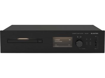 CD-afspiller Unitra CSH-801 i sort, front med børstet metal, forfra set, CD-skuffe til venstre, skærm, drejeknap og knapper til højre