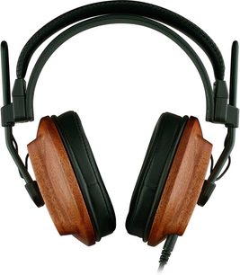 Sluchátka Fostex T60RP s otevřenou konstrukcí, hnědými dřevěnými šálky, černými polštářky a černým vycpávaným hlavovým obloukem