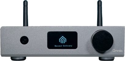 Nuprime Omnia WR-1 netværksaudioafspiller set forfra, gråt kabinet, oplyst logo, trådløs tilslutningsmulighed