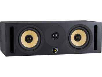 Senterhøyttaler Davis Acoustics Krypton C teknisk svart med 2 gule flettede høyttalere, svart sentral diskant, sideventiler