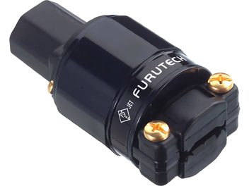 Adaptor de alimentare Furutech FI-11-N1 (G) negru din plastic, vedere din trei sferturi, corp cilindric, șuruburi aurii