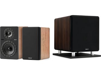 Diffusori da scaffale e subwoofer Elipson neri con finitura in legno, vista frontale e di tre quarti