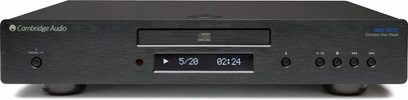 Cambridge Audio Azur 651C sort CD-afspiller, frontvisning, blå display, knapper og CD-skuffe, mat sort front
