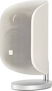 Altavoz compacto Bowers & Wilkins MT-50 blanco, vista de tres cuartos frontal, forma redondeada, rejilla blanca, base circular