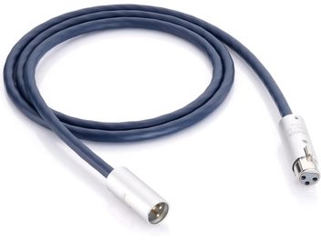 Câble audio analogique XLR Inakustik Connect 212 Audio 1 m, gaine bleu-gris en PVC, connecteurs cylindriques métalliques argentés mâle et femelle avec broches dorées, vue de dessus