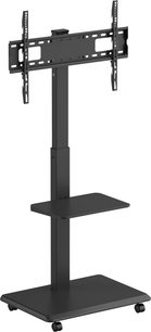 Norstone Pro Vision Plus black metal TV stand, three-quarter front view, square column with adjustable perforated VESA plate, intermediate shelf, and rectangular wheeled base