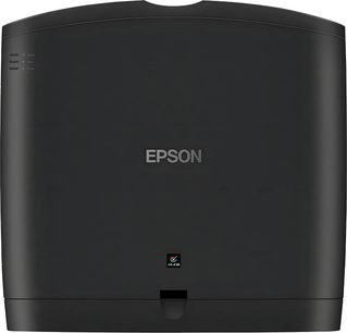 Epson EH-LS12000B zwarte videoprojecteur, vooraanzicht, zilveren Epson-logo, knoppen en indicatielampjes aan de bovenkant
