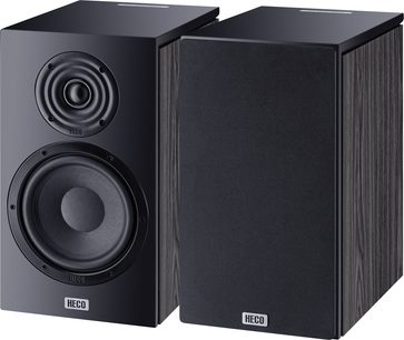 Heco Aurora 300 black bookshelf speakers, 2 drivers, MDF cabinet, white logo, angled view