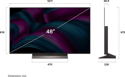 Τηλεόραση LG OLED48C5 μαύρη με μεταλλικό υπέρλεπτο πλαίσιο, οθόνη OLED 48 ιντσών τοποθετημένη σε κεντρική τραπεζοειδή βάση με λεπτό πλευρικό προφίλ, όψη από μπροστά και από το πλάι