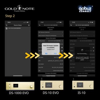 Montage med Gold Note- og Qobuz Connect-logoer øverst, tre mørke app-skærmbilleder forbundet med gule pile, derefter tre netværkslydafspillere i gyldent børstet aluminium set forfra med sort skærm og drejeknap, med underteksterne DS-1000 EVO, DS-10 EVO og IS-10