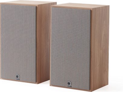 Regallautsprecher Elipson Heritage XLS 11 in hellem Eichenholz, Vorderansicht, zwei Einheiten, gestreiftes Stoffgitter, Holzgehäuse