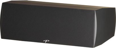 Diffusore centrale Paradigm Premier 500C, vista di tre quarti, griglia nera, logo bianco in basso, finitura in legno scuro