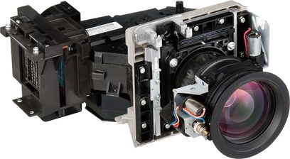 Mitsubishi HC5500 videoprojektor adskilt, frontvisning af indersiden med synlige elektroniske og optiske komponenter