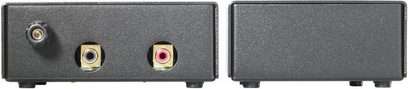 Preamplificatore phono Lehmann Audio Black Cube SE nero, due lati con connettori RCA e interruttore, vista frontale e posteriore