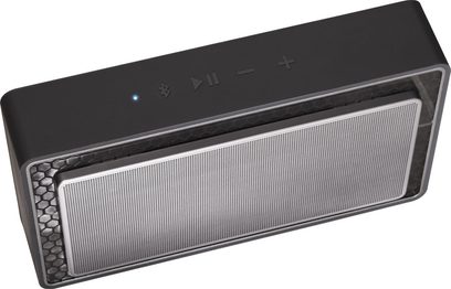 Kabellose, vernetzte Bowers & Wilkins T7 Wireless Lautsprecher in Schwarz, Frontansicht, Metallgitter, Bluetooth-Taste, matte schwarze Oberfläche