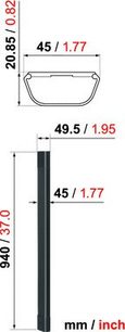 Vogel's CABLE 4 sort kabelkanal. Teknisk tegning med dimensioner i mm og tommer. Set forfra og fra siden