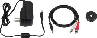 Accessoireset voor platenspeler met zwarte netadapter, 3,5 mm jack-naar-RCA audiokabel en 45-toerenadapter