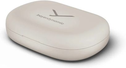 Beyerdynamic VERIO 200 beežid kõrvasisesed kõrvaklapid, ovaalne korpus, logo peal, kergelt külje pealt vaade