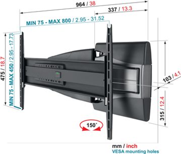 Sort vægbeslag til TV, set fra siden, dimensioner angivet i mm og tommer, 150° rotation, VESA-kompatibel, min. 75 - maks. 800
