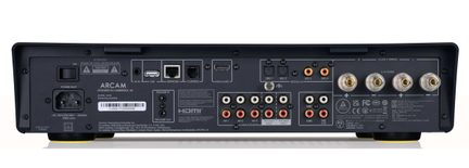 Back of a black metal hi-fi amplifier, HDMI, Ethernet, RCA and digital ports, speaker binding posts, IEC socket