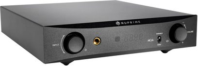 Nuprime DAC-9X sort audio-konverter, frontpanel med indgang, lydstyrke, MQA, hovedtelefonstik, frontvisning på grå baggrund