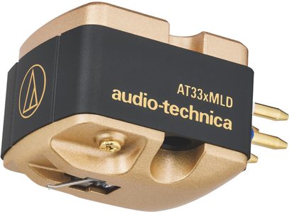 Testina phono Audio-Technica AT33xMLD nera e dorata, corpo in metallo/plastica, puntina e pin posteriori visibili, vista a 3/4