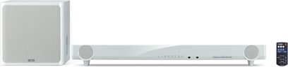Soundbar Yamaha YAS-201 bianca, vista frontale, con due diffusori satellitari e un telecomando