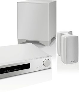 Onkyo LS5200 2.1 speaker pack in white, consisting of a cubic subwoofer and two rectangular satellite speakers