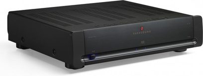 Výkonový zesilovač Parasound Halo A23 černý, pohled zepředu, čelní panel v černé barvě s tlačítky a modrými kontrolkami