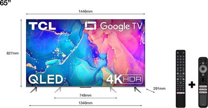 65" TCL 65QLED760 4K HDR QLED-TV med levende farver og fjernbetjening, set forfra på hvid baggrund