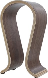 Kopfhörerständer aus dunklem Nussbaumholz, umgekehrte U-Form, Füße aus hellem Holz, schlichtes Design
