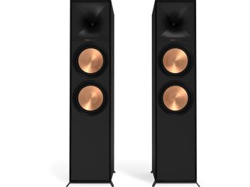 Dos altavoces de columna negros Klipsch R-800F, parte frontal con altavoces de cobre y tweeter, vistos de frente